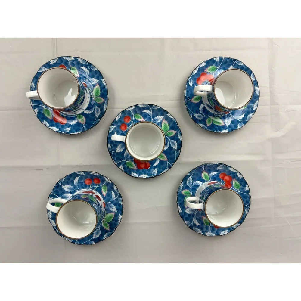 Williams Sonoma Cup & Saucer (set of 5) Red Cherries, White, Blue, WSO22